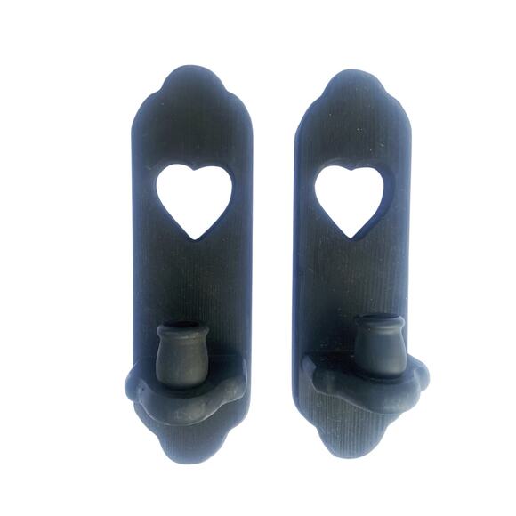 Vtg Black Country Wooden Wall Sconces w/ Heart Cutouts Candle Holder Farmhouse - Picture 1 of 5